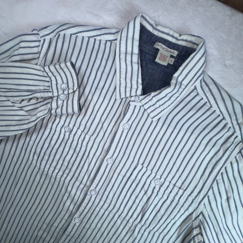 Carbon2Cobalt Button Down Shirt Mens Large White Blue Striped Long Sleeve Cotton